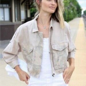 Anthropologie HEI HEI Khaki Camo Linen Cropped Jacket L